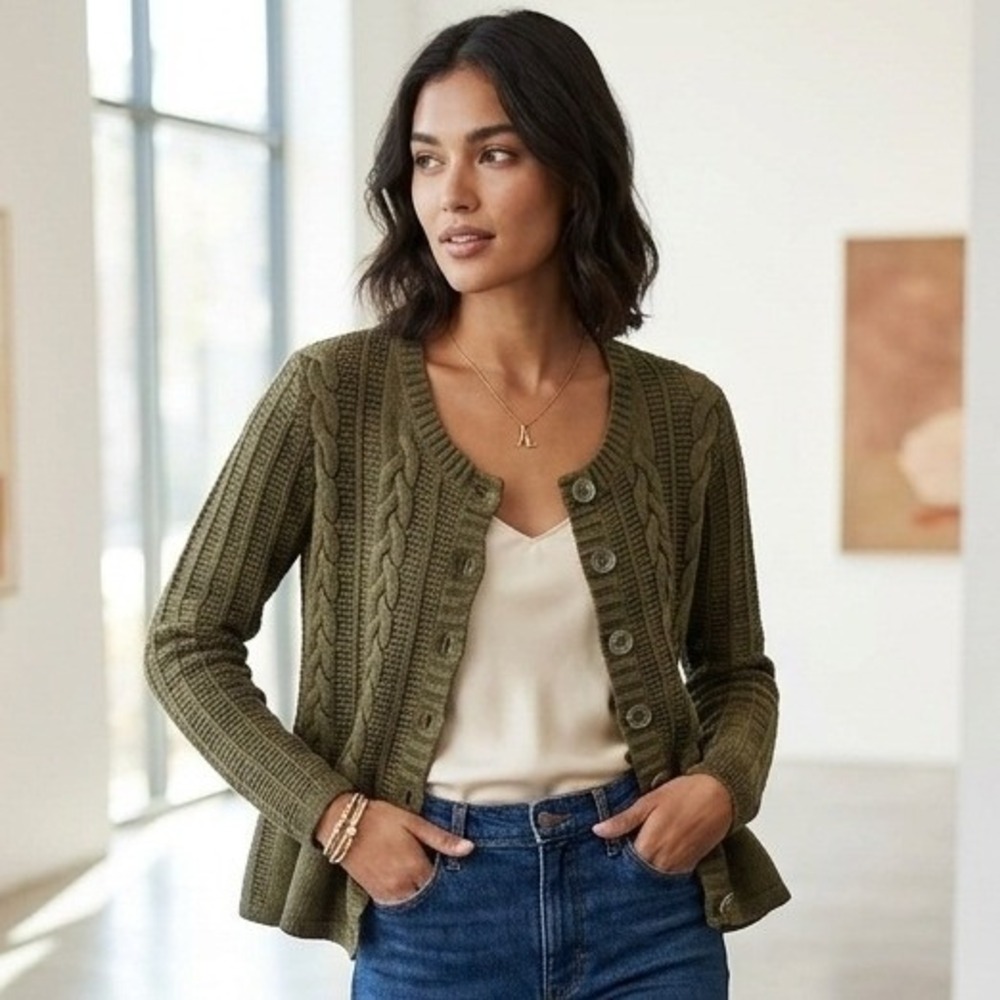 Banana Republic Cardigan Women XS Olive Green Cable Knit Peplum Button Sweater